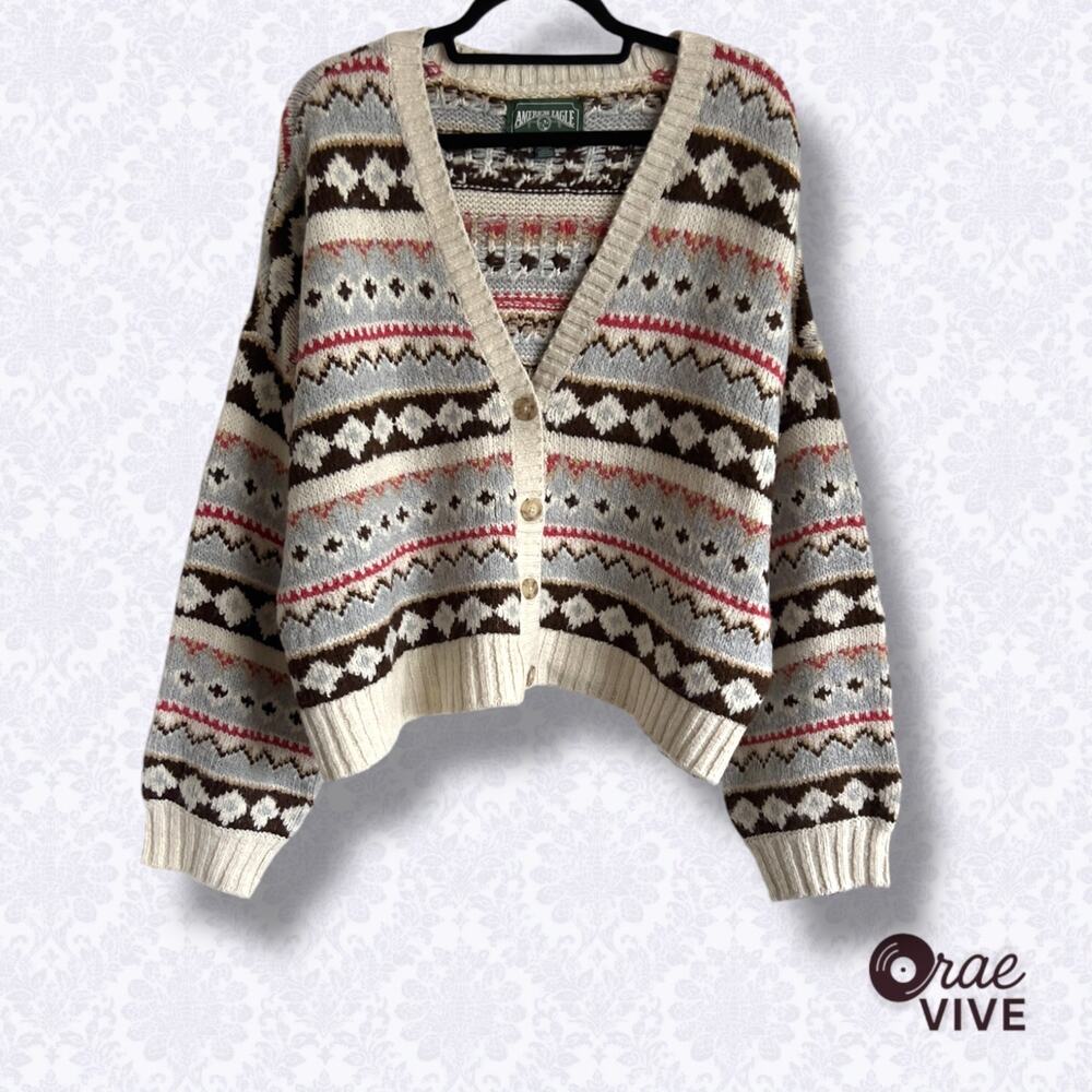 American Eagle Outfitters Cream and Brown Patterned Button-Front Cardigan